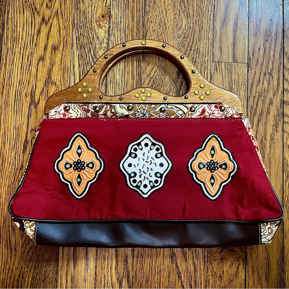 Vintage Boho Purse Paisley Design With Jeweled Wooden Handles